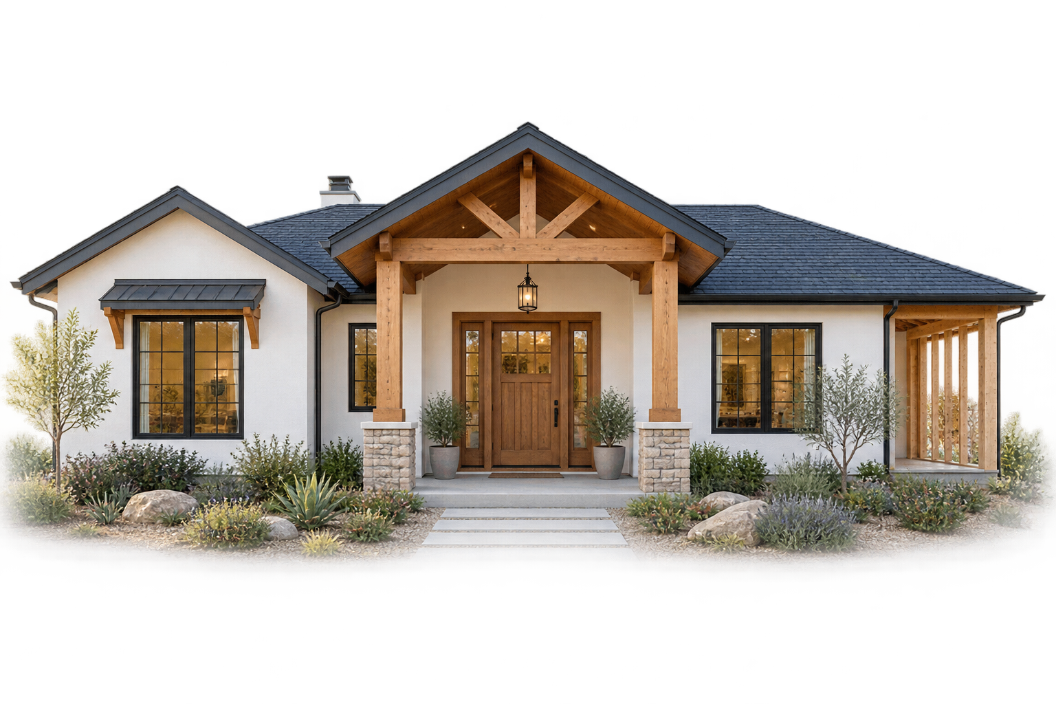AI-generated illustration of a California-style home with timber porch framing